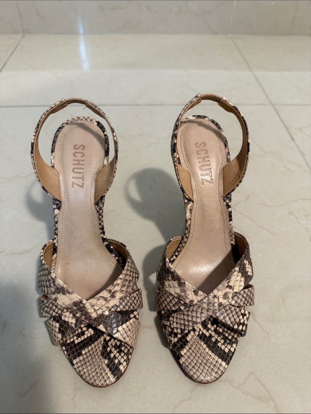 SCHUTZ Snake-Print Slingback Heels in Beige and Brown